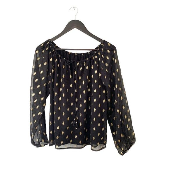 Black Gold Metallic Print Peasent Style Long Sleeve Boho Blouse - Picture 1 of 7